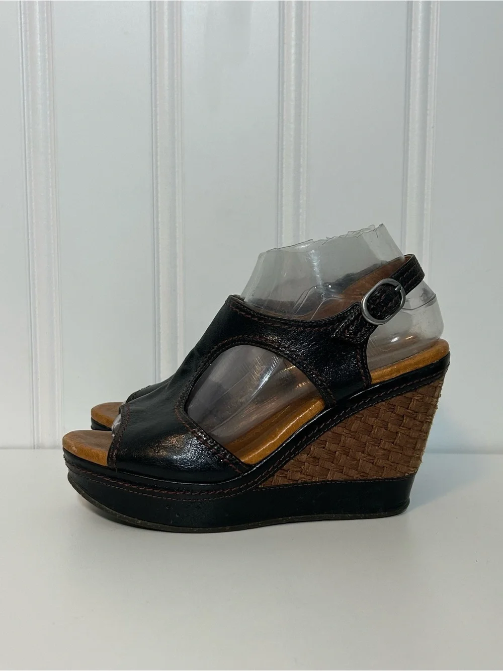 Naya eternal espadrille Wedge Sandals - Black Leather Open Toe